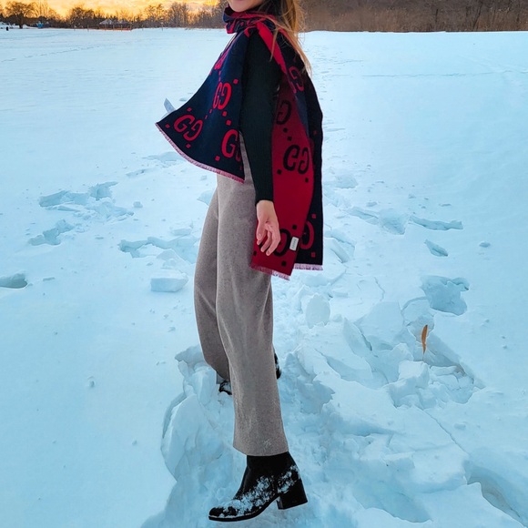 🍂BRAND NEW WITH BOX Gucci GG Jacquard Wool Silk Scarf (Thick) Red/Blue - Picture 3 of 14